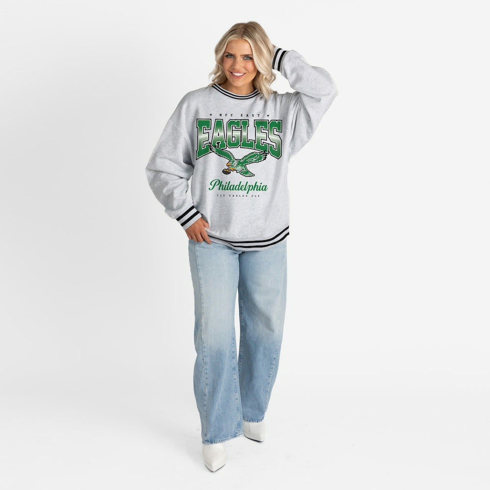Philadelphia Eagles Gameday Couture Women's Oversized Gridiron Drive Ringer Stripe Sweatshirt Ash/Black