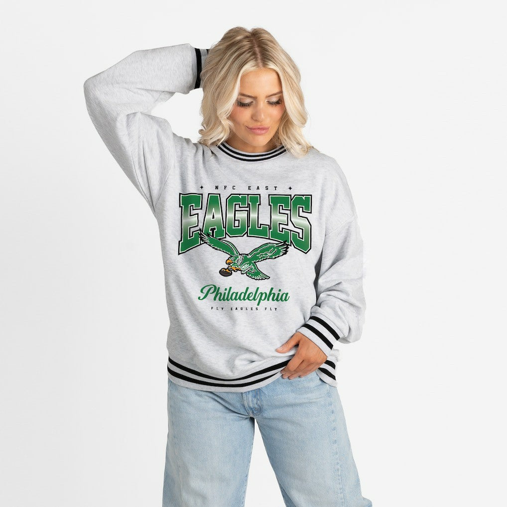 Philadelphia Eagles Gameday Couture Women's Oversized Gridiron Drive Ringer Stripe Sweatshirt Ash/Black