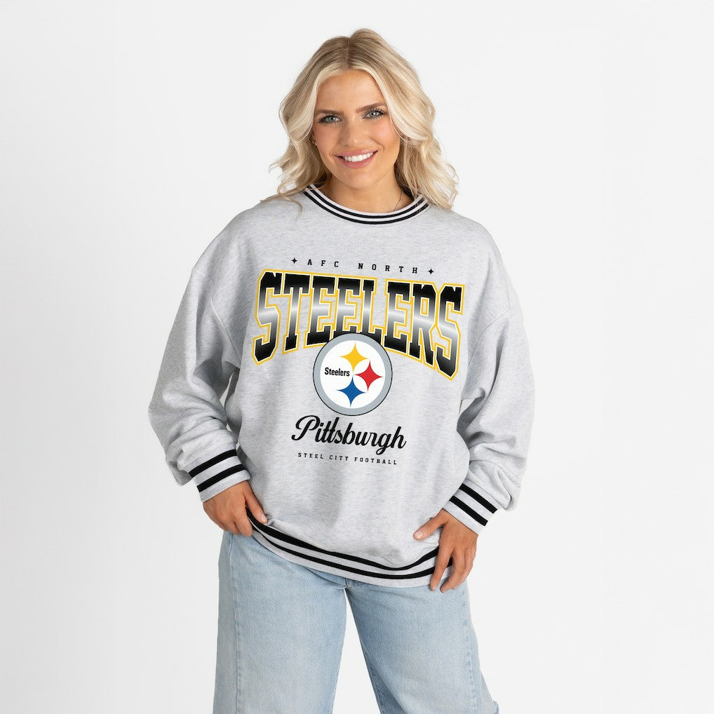 Pittsburgh Steelers Gameday Couture Women's Oversized Gridiron Drive Ringer Stripe Sweatshirt Ash/Black