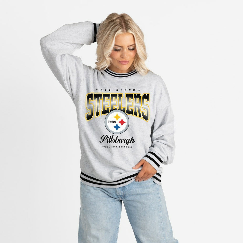 Pittsburgh Steelers Gameday Couture Women's Oversized Gridiron Drive Ringer Stripe Sweatshirt Ash/Black