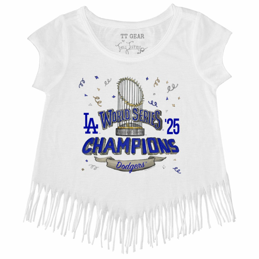 Los Angeles Dodgers Tiny Turnip Girls Youth 2025 World Series Champions Parade Fringe T-Shirt - White T-shirts