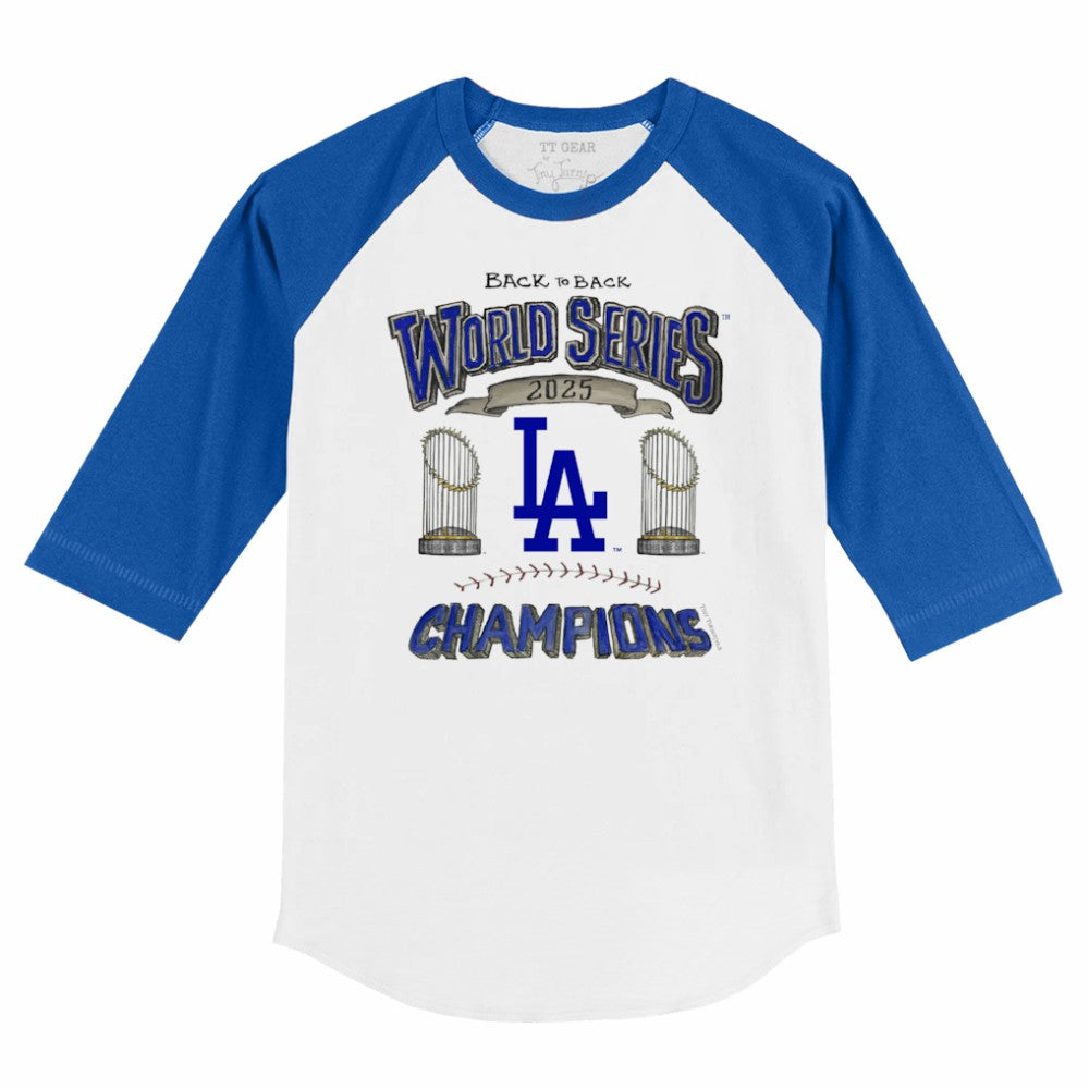Los Angeles Dodgers Tiny Turnip Youth 2025 World Series Champions 3/4-Sleeve Raglan Baseball T-Shirt - White/Royal T-shirts