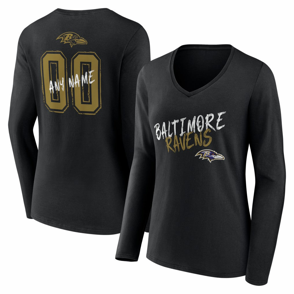 Baltimore Ravens Women's Hustle Personalized Name & Number Long Sleeve V-Neck T-Shirt Black