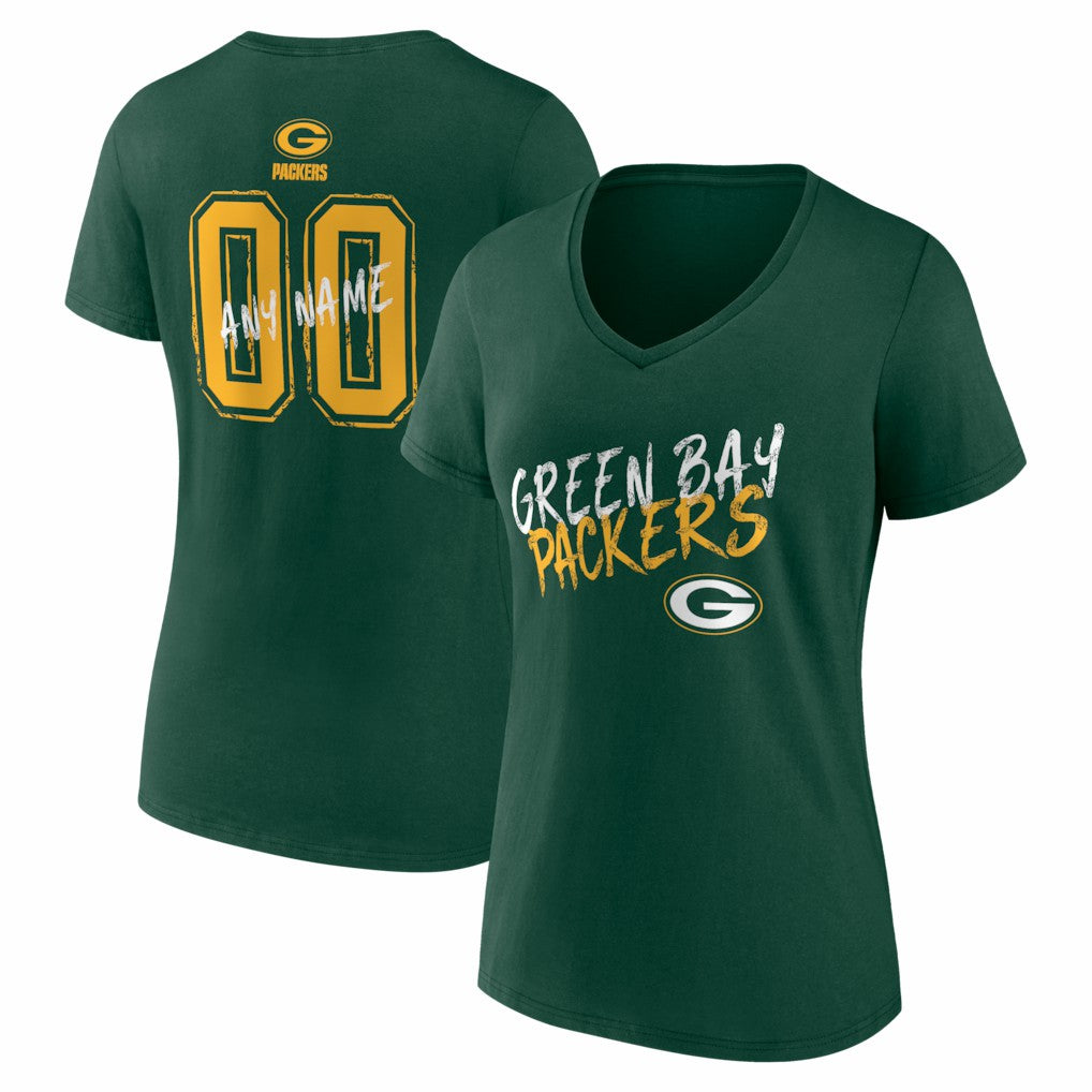 Green Bay Packers Women's Hustle Personalized Name & Number V-Neck T-Shirt Green