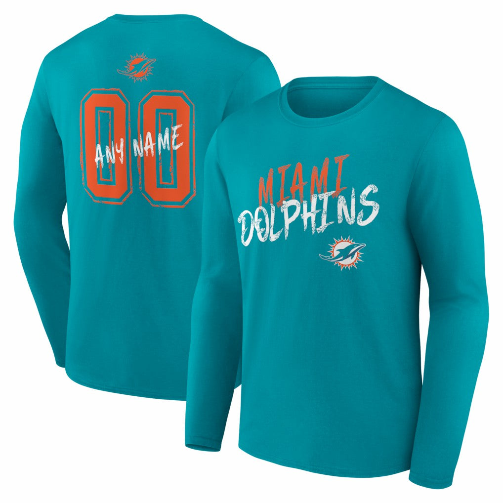 Miami Dolphins Hustle Personalized Name & Number Long Sleeve T-Shirt Aqua