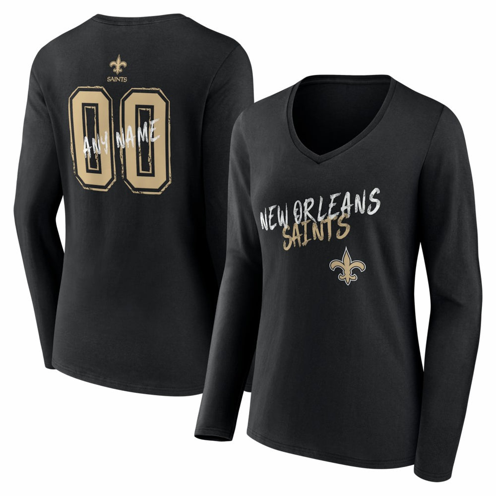 New Orleans Saints Women's Hustle Personalized Name & Number Long Sleeve V-Neck T-Shirt Black