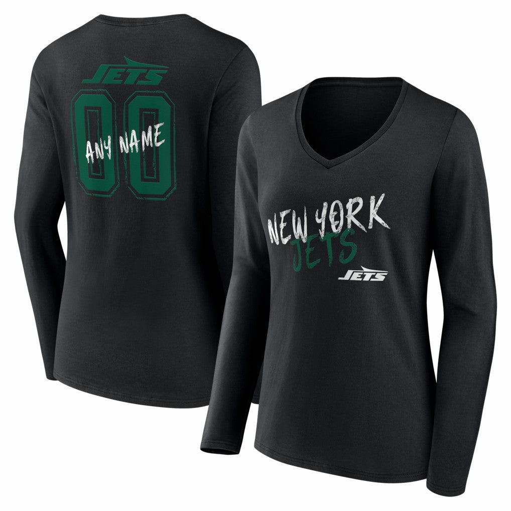 New York Jets Women's Hustle Personalized Name & Number Long Sleeve V-Neck T-Shirt Black