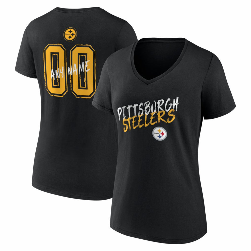 Pittsburgh Steelers Women's Hustle Personalized Name & Number V-Neck T-Shirt Black