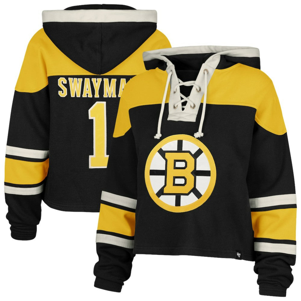 NHL Jeremy Swayman Boston Bruins '47 Women's Superior Lacer Cropped Pullover Hoodie - Black