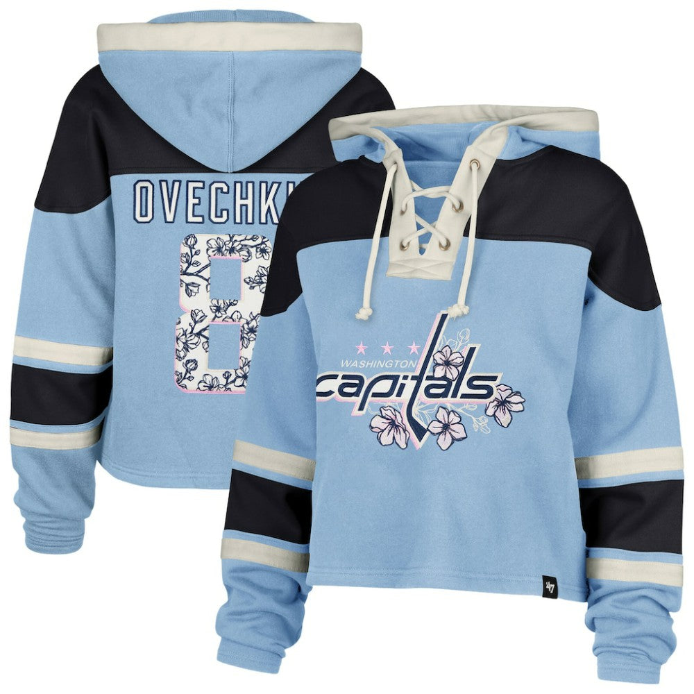 NHL Alexander Ovechkin Washington Capitals '47 Women's Cherry Blossom Superior Lacer Cropped Pullover Hoodie - Light Blue