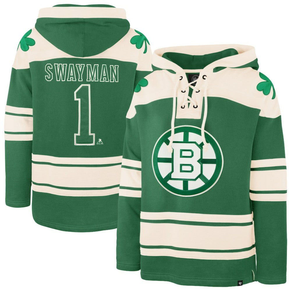 NHL Jeremy Swayman Boston Bruins '47 St. Patrick's Day Player Name & Number Lacer Pullover Hoodie - Kelly Green