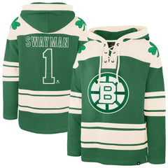 NHL Jeremy Swayman Boston Bruins '47 St. Patrick's Day Player Name & Number Lacer Pullover Hoodie - Kelly Green