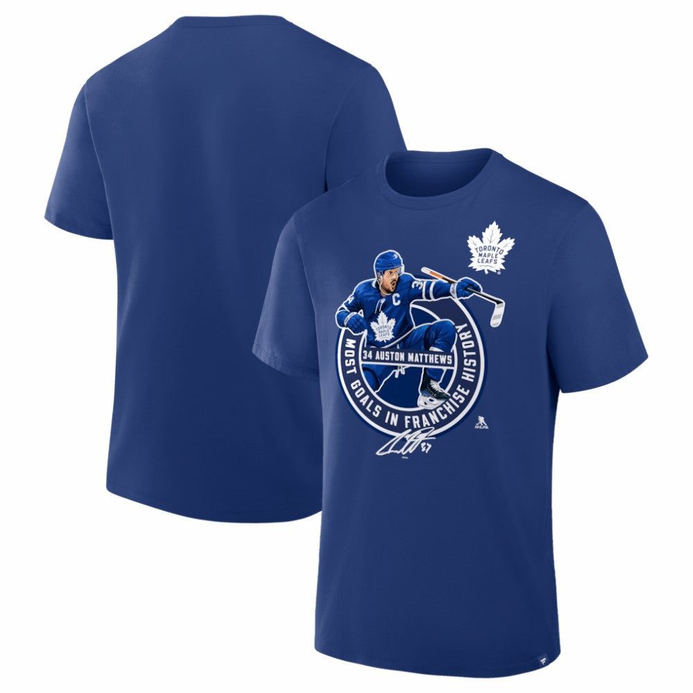 NHL Auston Matthews Toronto Maple Leafs Most Goals in Franchise History T-Shirt - Blue