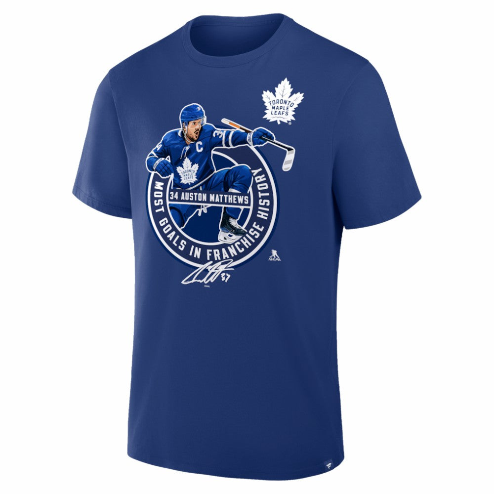 NHL Auston Matthews Toronto Maple Leafs Most Goals in Franchise History T-Shirt - Blue
