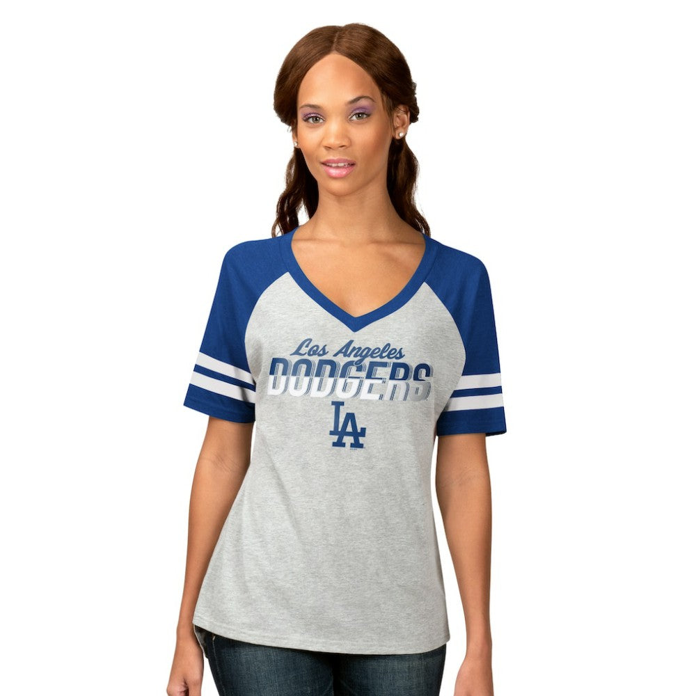 Los Angeles Dodgers G-III 4Her by Carl Banks Women's Goal Line Raglan V-Neck T-Shirt - Heather Gray T-shirts