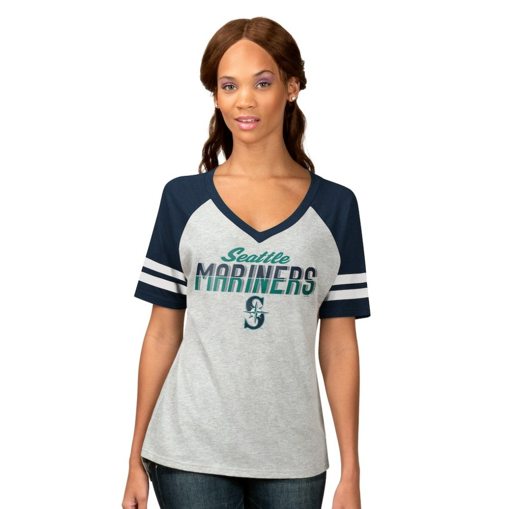 Seattle Mariners G-III 4Her by Carl Banks Women's Goal Line Raglan V-Neck T-Shirt - Heather Gray T-shirts