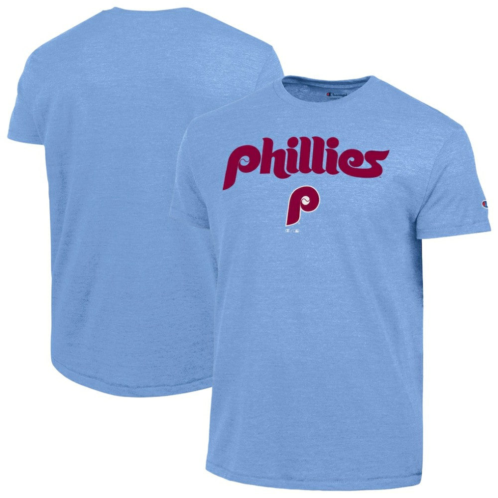 Philadelphia Phillies Champion Cooperstown Wordmark Lockup Tri-Blend T-Shirt - Light Blue T-shirts