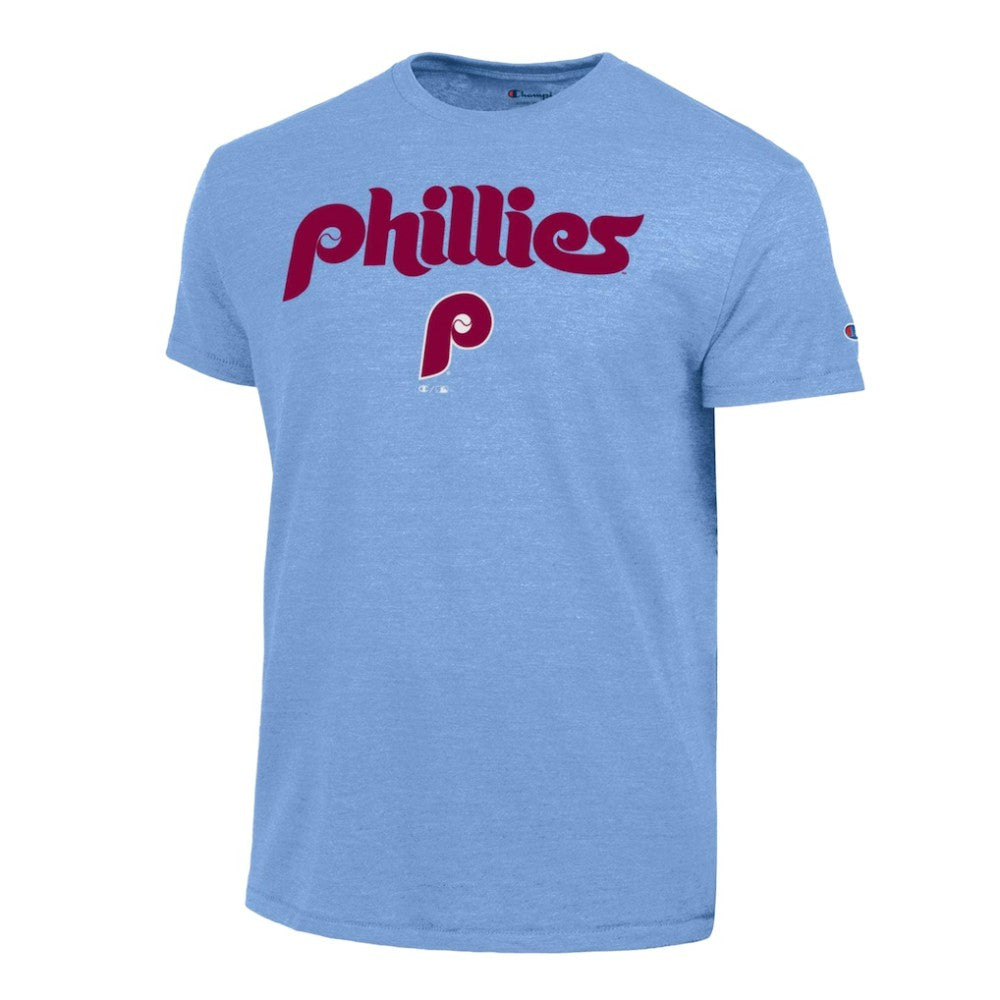 Philadelphia Phillies Champion Cooperstown Wordmark Lockup Tri-Blend T-Shirt - Light Blue T-shirts