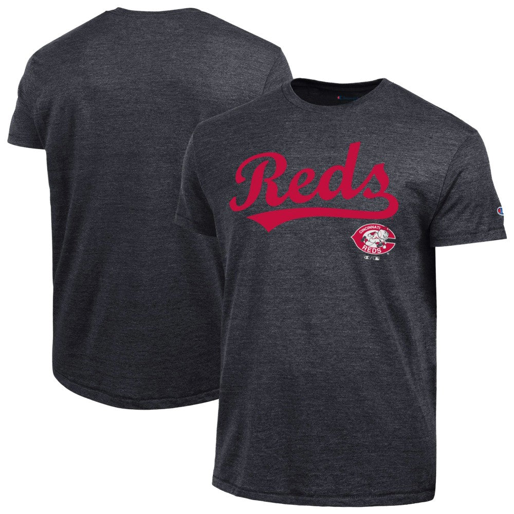 Cincinnati Reds Champion Cooperstown Wordmark Lockup Tri-Blend T-Shirt - Black T-shirts