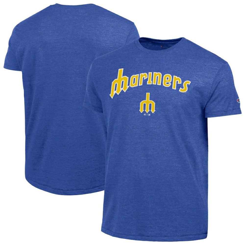 Seattle Mariners Champion Cooperstown Wordmark Lockup Tri-Blend T-Shirt - Royal T-shirts