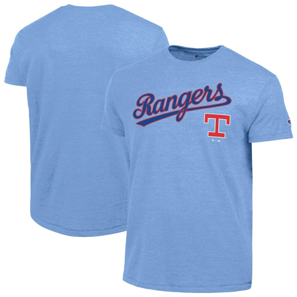 Texas Rangers Champion Cooperstown Wordmark Lockup Tri-Blend T-Shirt - Light Blue T-shirts