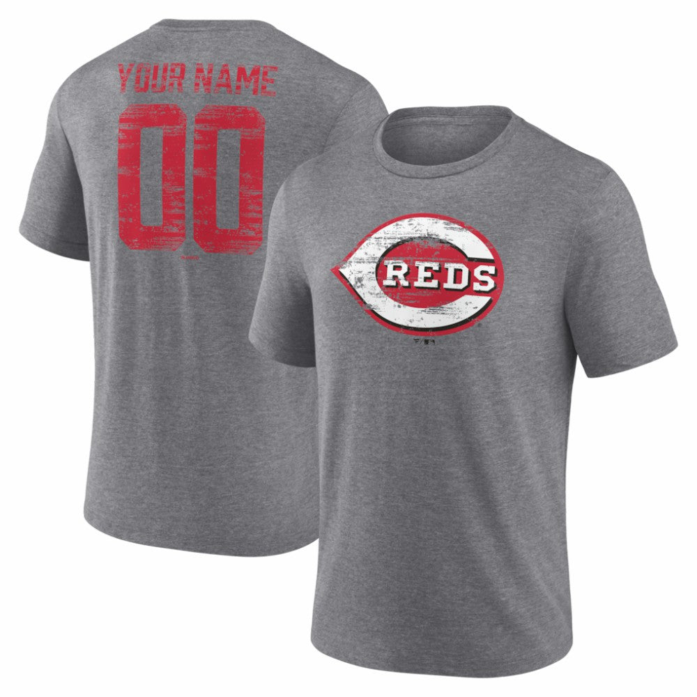 Cincinnati Reds Heritage Personalized Any Name & Number Tri-Blend T-Shirt - Gray T-shirts
