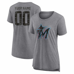 Miami Marlins Women's Heritage Personalized Any Name & Number Tri-Blend T-Shirt - Gray T-shirts