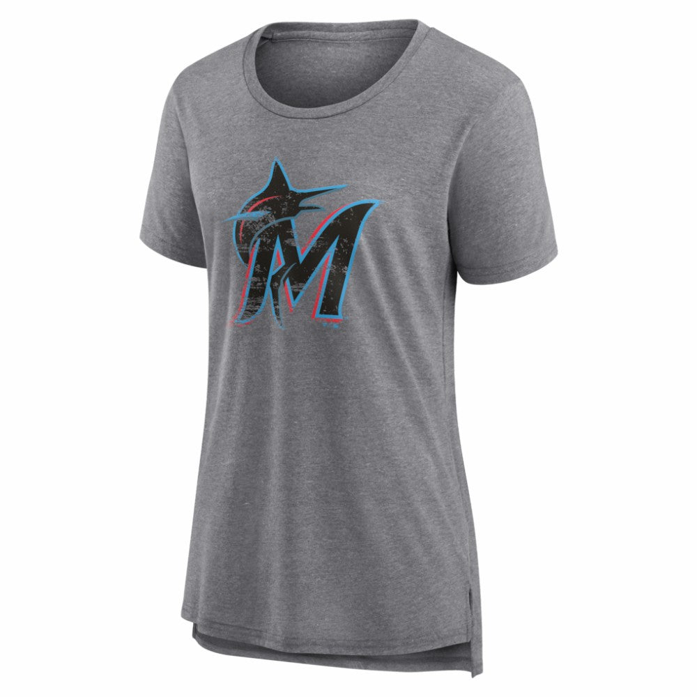Miami Marlins Women's Heritage Personalized Any Name & Number Tri-Blend T-Shirt - Gray T-shirts