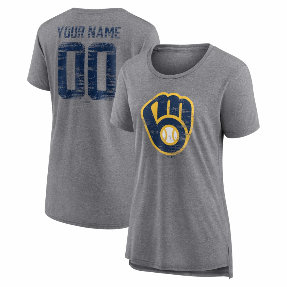 Milwaukee Brewers Women's Heritage Personalized Any Name & Number Tri-Blend T-Shirt - Gray T-shirts