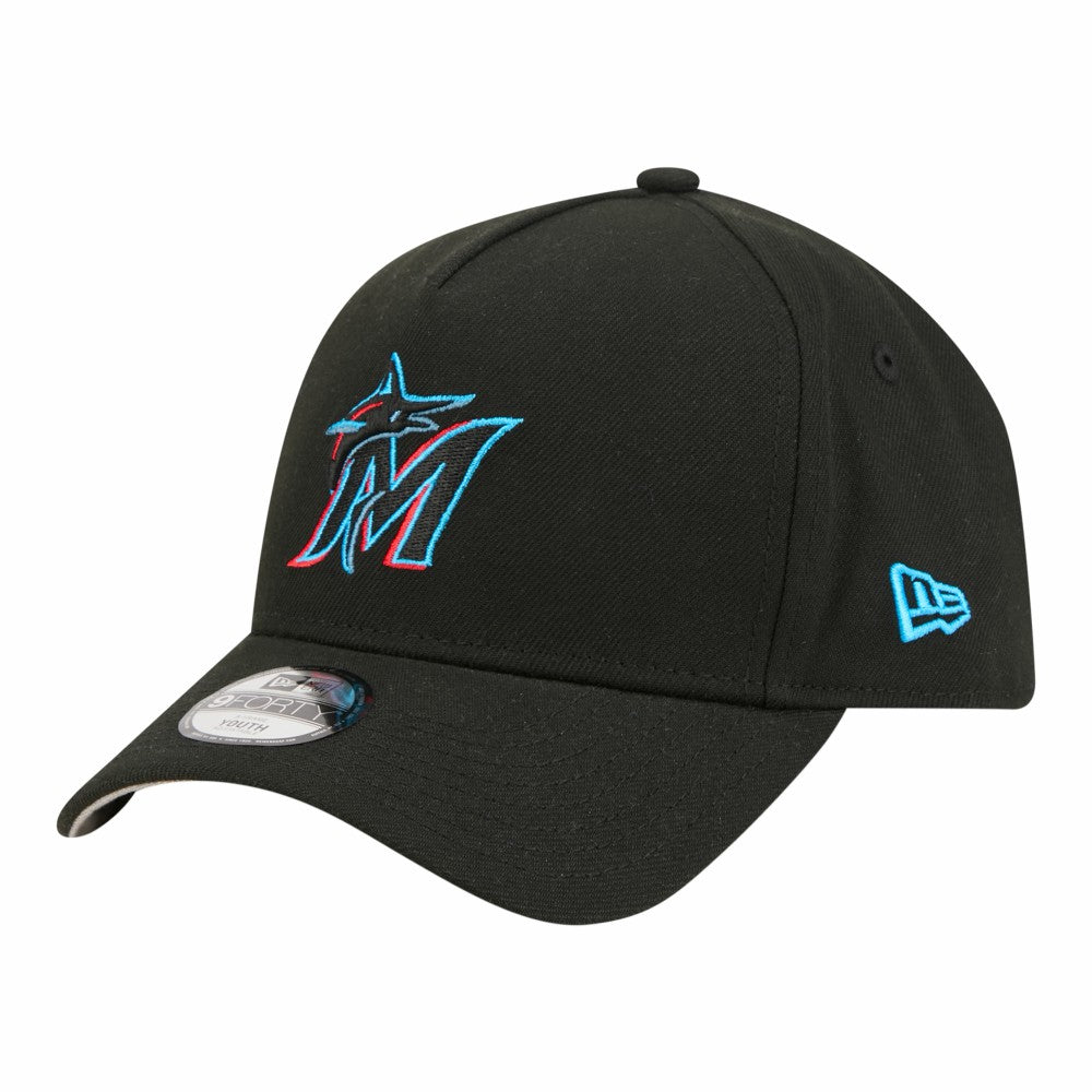 Miami Marlins New Era Youth 9FORTY A-Frame Adjustable Hat - Black Hats