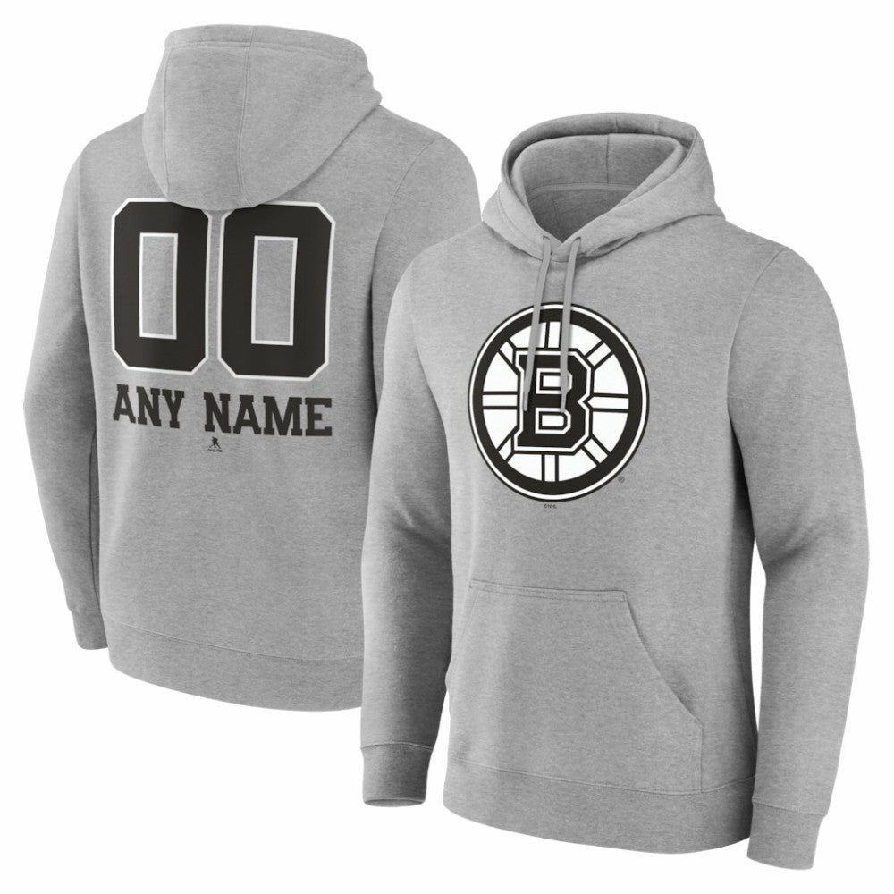 NHL,Custom Boston Bruins Big & Tall Personalized Name & Number Monochrome Pullover Hoodie - Gray