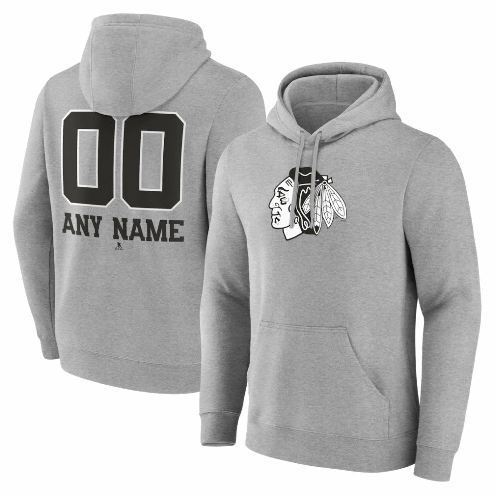 NHL,Custom Chicago Blackhawks Big & Tall Personalized Name & Number Monochrome Pullover Hoodie - Gray