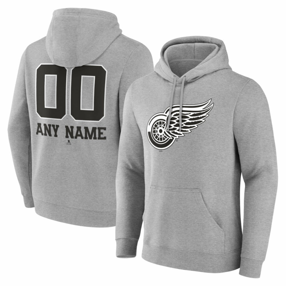 NHL,Custom Detroit Red Wings Big & Tall Personalized Name & Number Monochrome Pullover Hoodie - Gray