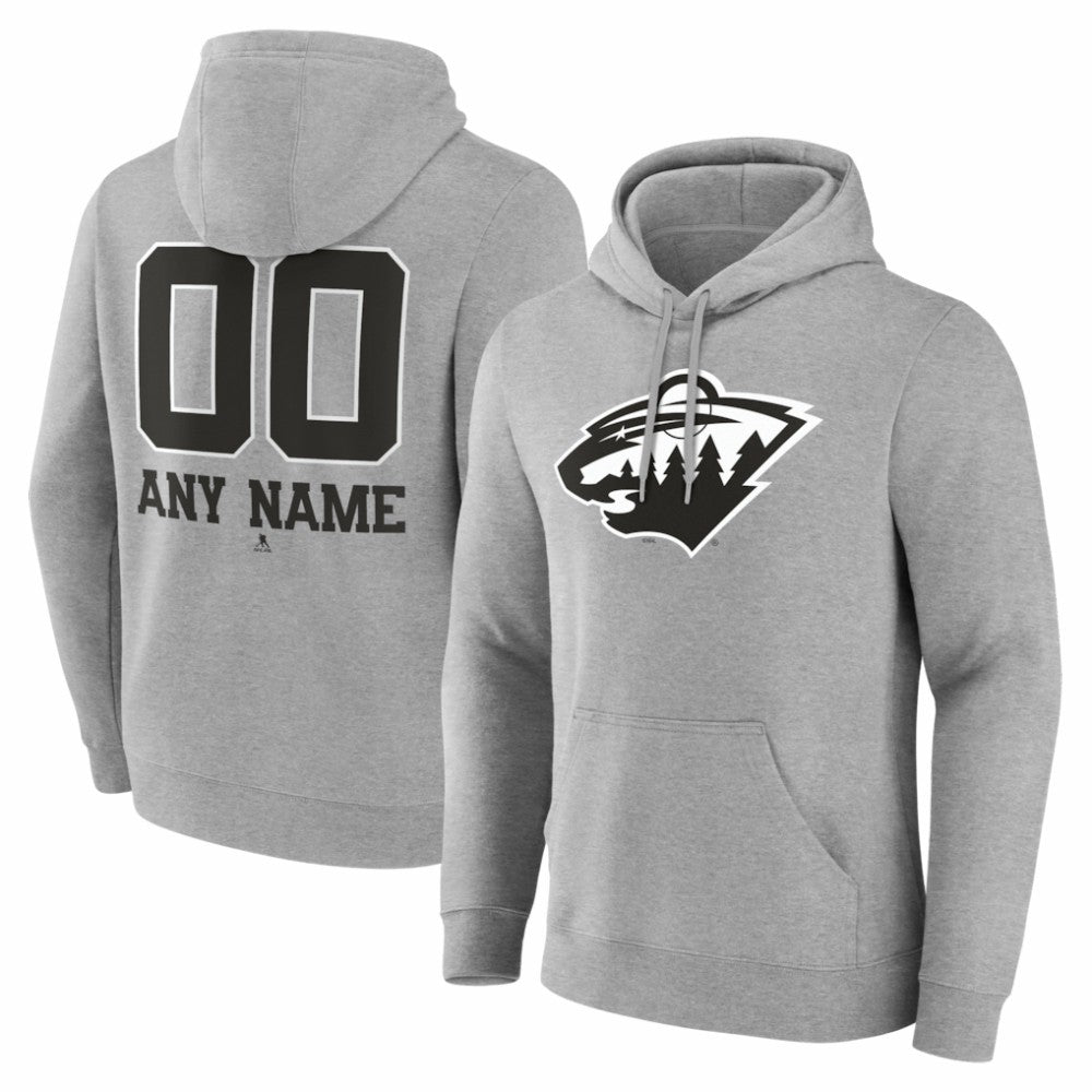 NHL,Custom Minnesota Wild Big & Tall Personalized Name & Number Monochrome Pullover Hoodie - Gray