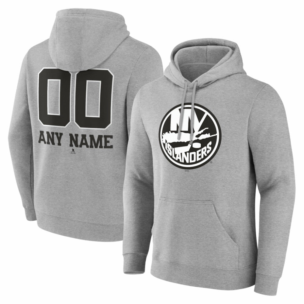 NHL,Custom New York Islanders Big & Tall Personalized Name & Number Monochrome Pullover Hoodie - Gray