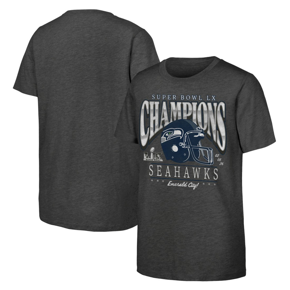 Seattle Seahawks Youth Super Bowl LX Champions Prestigious Run Helmet T-Shirt Charcoal