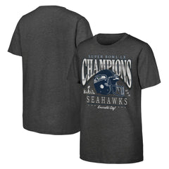 Seattle Seahawks Youth Super Bowl LX Champions Prestigious Run Helmet T-Shirt Charcoal