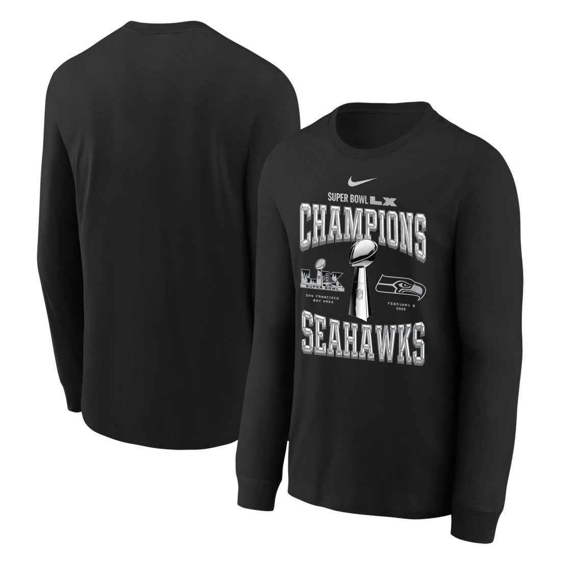 Seattle Seahawks Youth Super Bowl LX Champions Locker Room Trophy Collection Long Sleeve T-Shirt Black