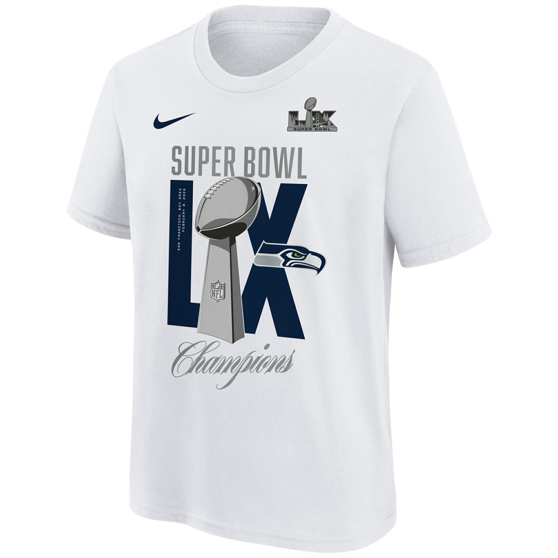 Seattle Seahawks Youth Super Bowl LX Champions Lombardi Trophy T-Shirt White