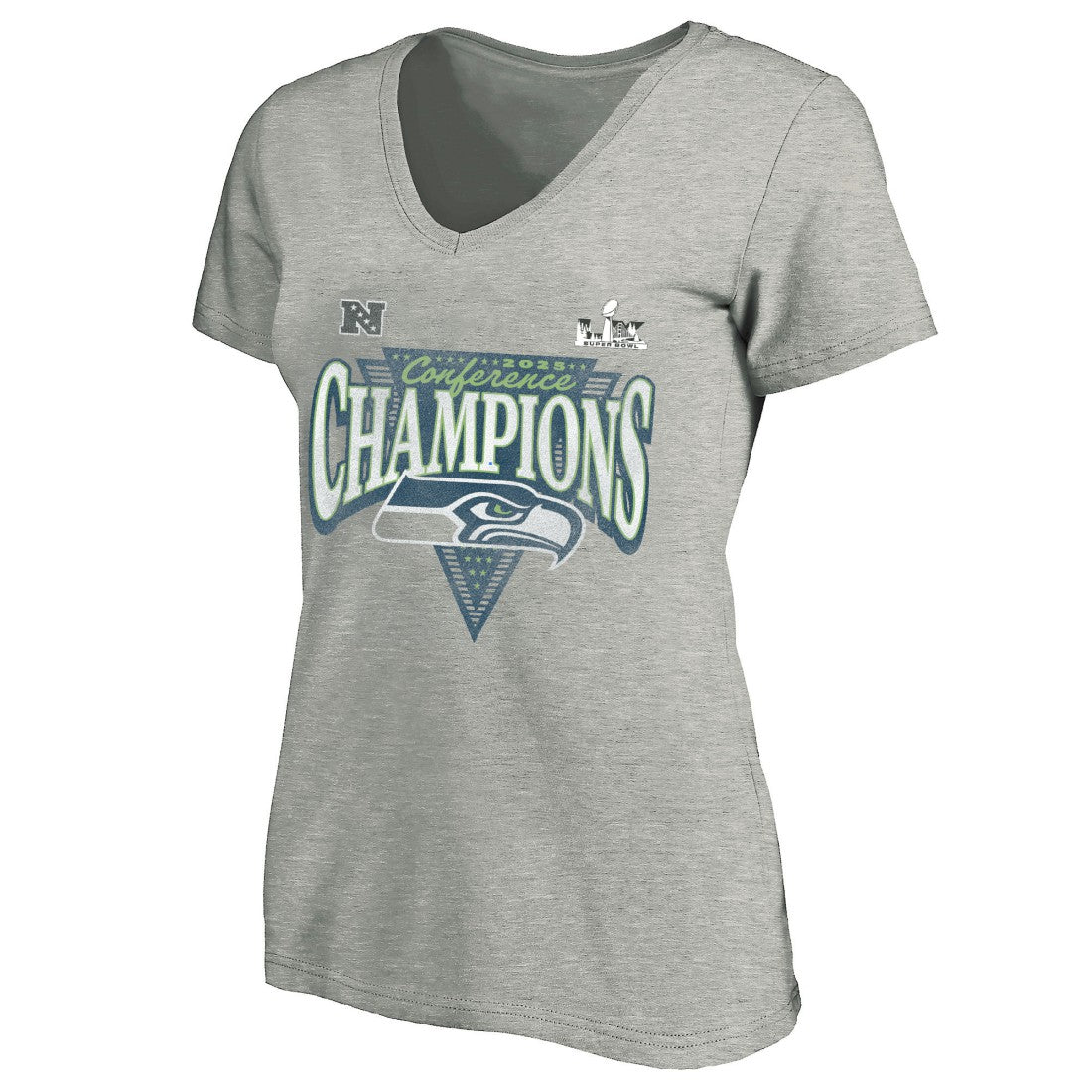 Seattle Seahawks Women's 2025 NFC Champions Plus Size Hail Mary Tri-Blend V-Neck T-Shirt Heather Gray