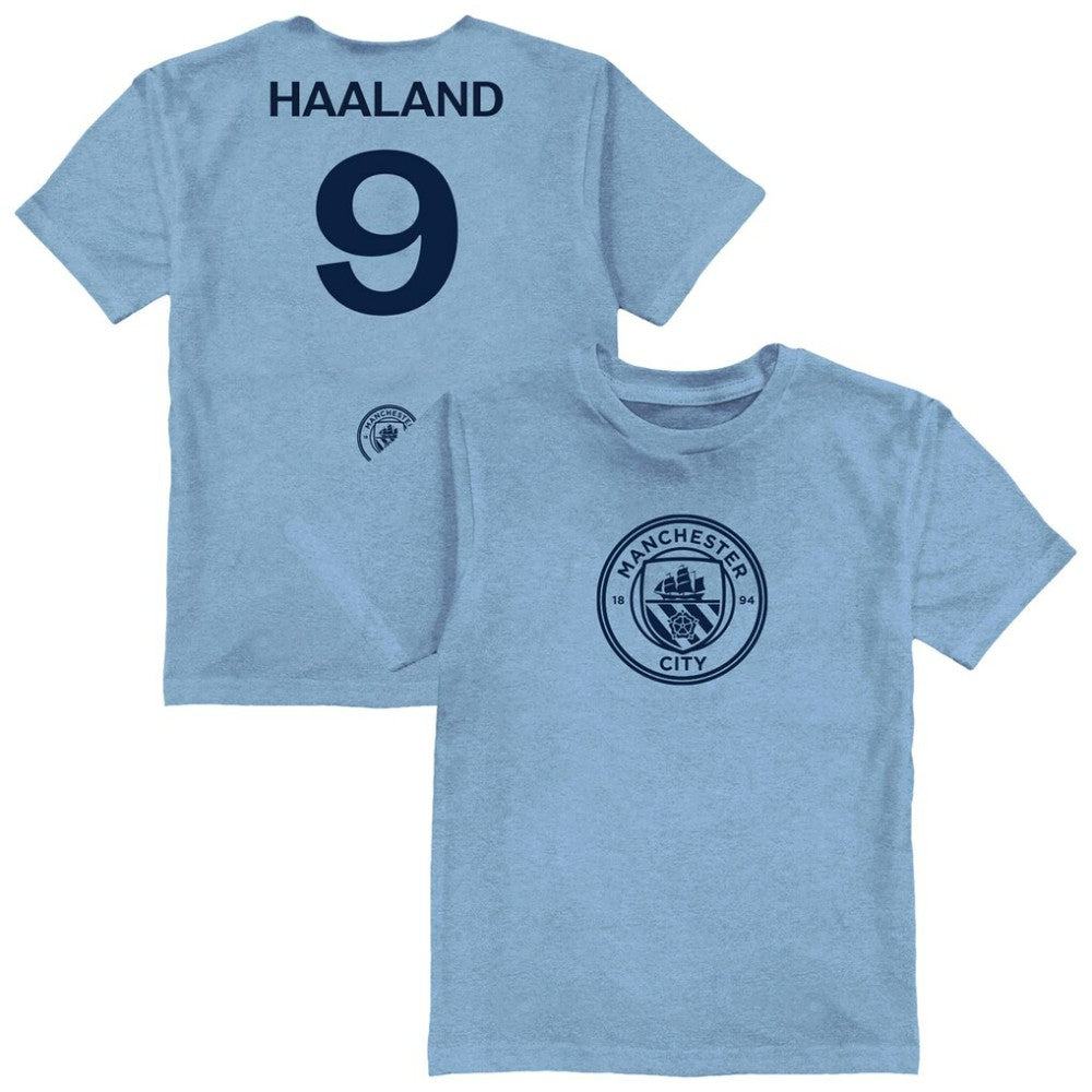 Erling Haaland Manchester City Vive La Fete Youth Player Name & Number Color Badge T-Shirt Light Blue