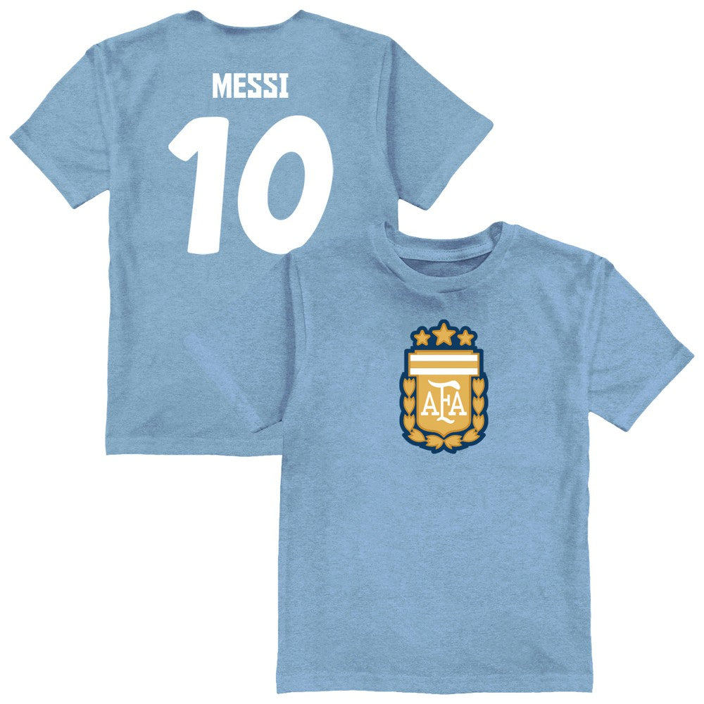 Lionel Messi Argentina National Team Vive La Fete Youth Player Name & Number Color Badge T-Shirt Light Blue