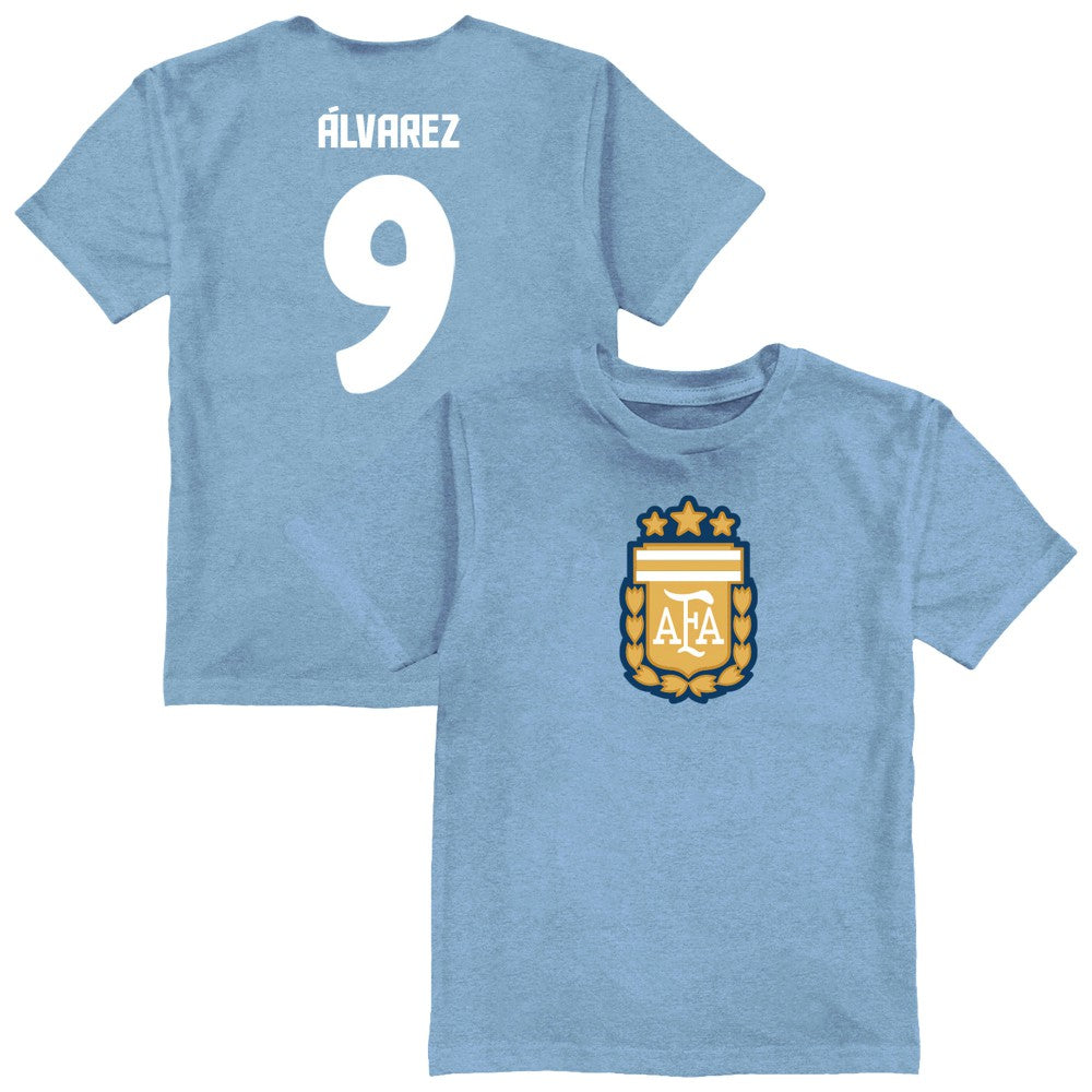 Julián Álvarez Argentina National Team Vive La Fete Youth Player Name & Number Color Badge T-Shirt Light Blue
