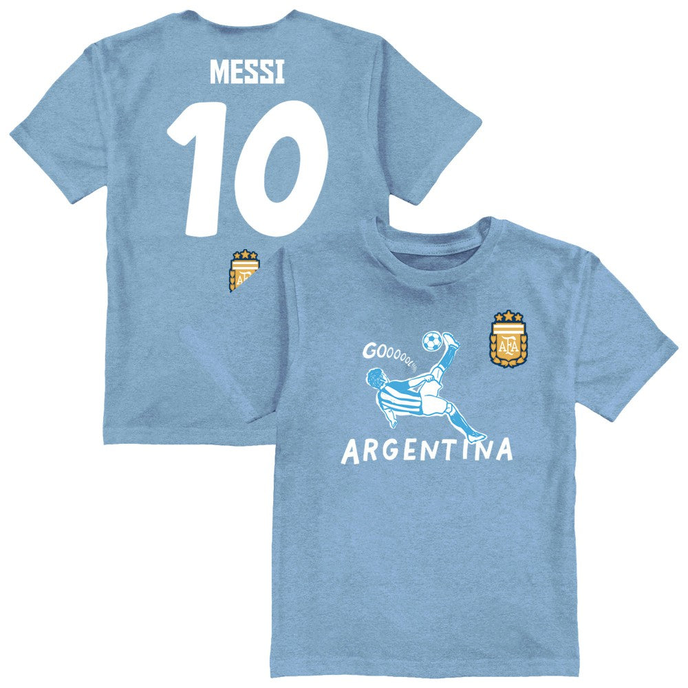 Lionel Messi Argentina National Team Vive La Fete Youth Player Name & Number Chilena Style T-Shirt Light Blue
