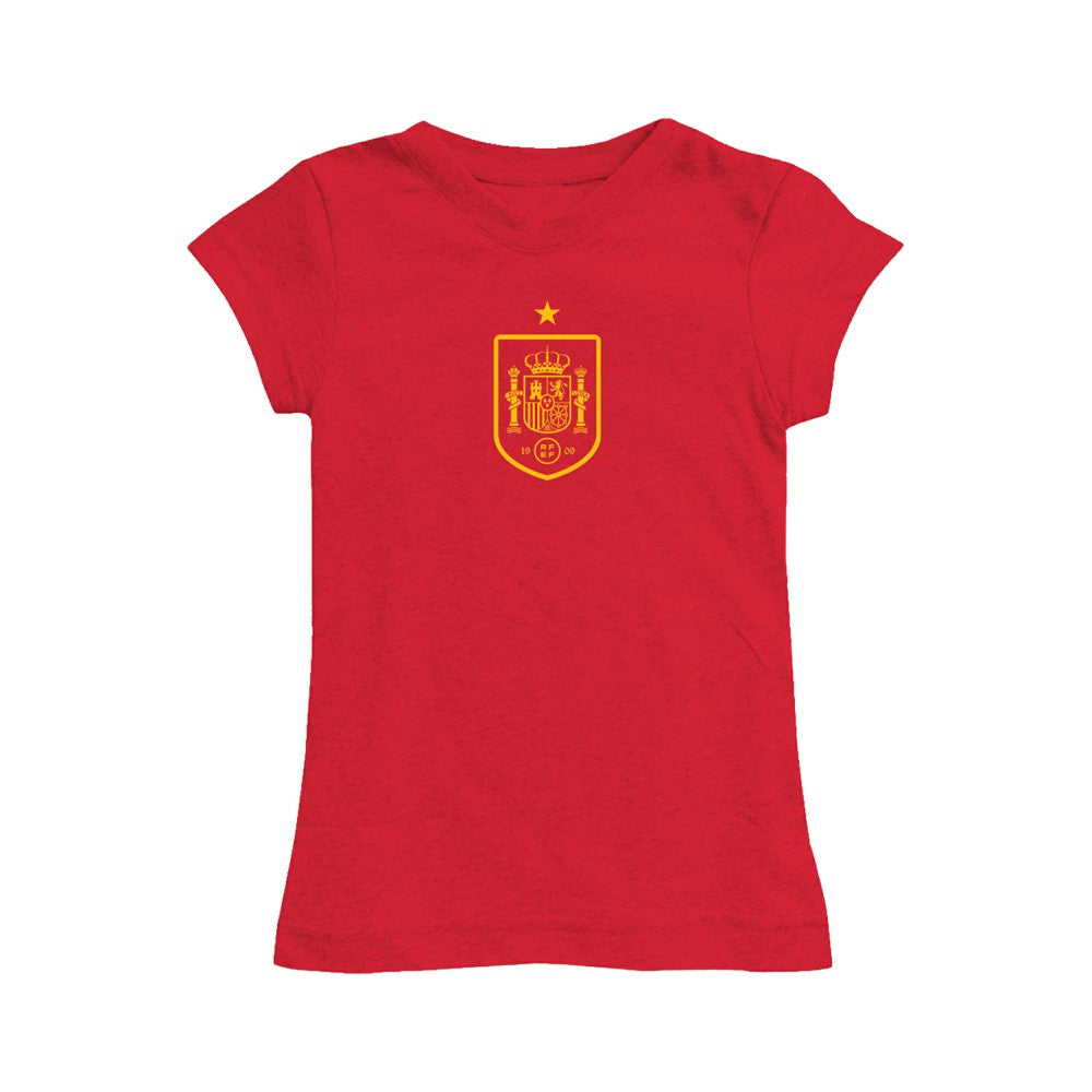 Spain National Team Vive La Fete Girls Youth Color Badge Fitted T-Shirt Red sale