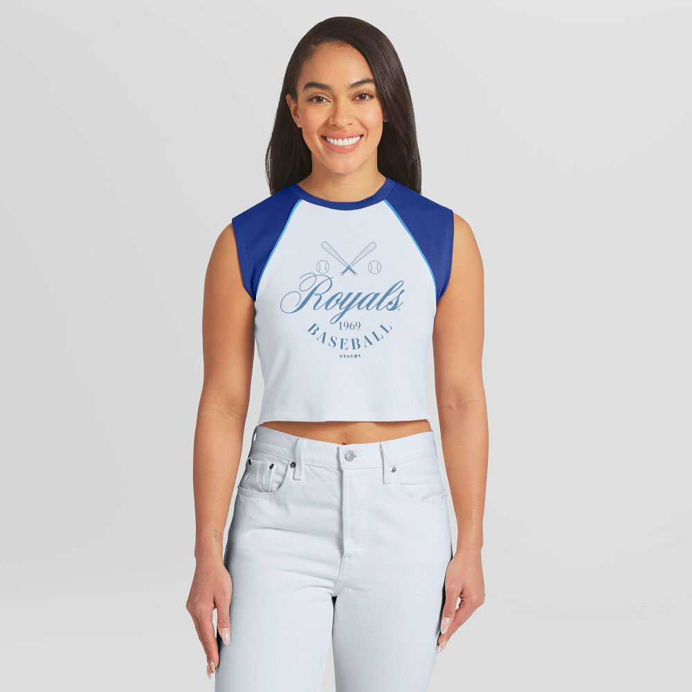Kansas City Royals WEAR by Erin Andrews Women's Cooperstown Cropped Raglan Tank Top - White Tanks
