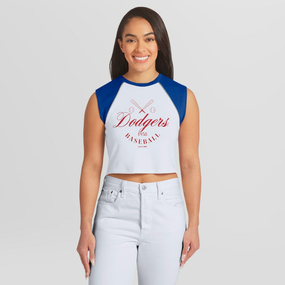 Los Angeles Dodgers WEAR by Erin Andrews Women's Cooperstown Cropped Raglan Tank Top - White Tanks
