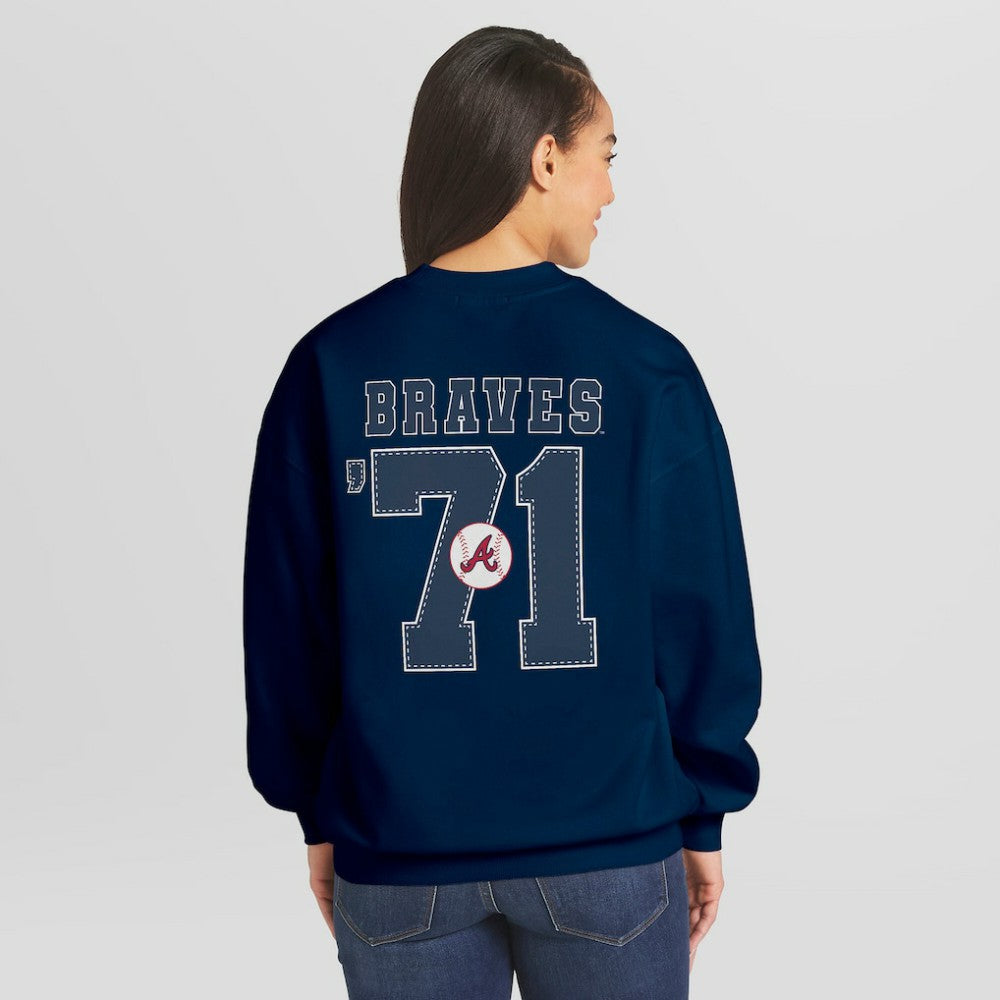 Atlanta Braves WEAR by Erin Andrews Women's Heavyweight Crew Neck Sweatshirt - Navy Sweatshirts