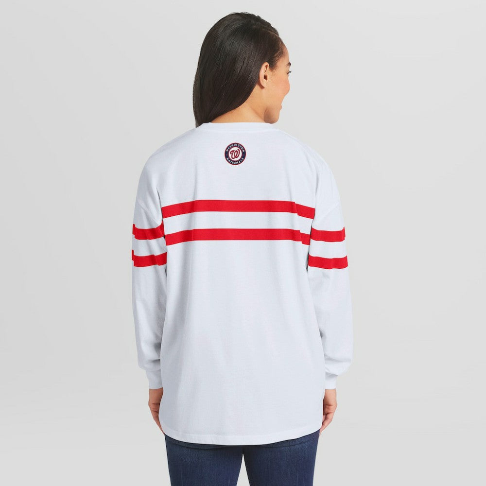 Washington Nationals WEAR by Erin Andrews Women's Oversized Long Sleeve Striped T-Shirt - White T-shirts