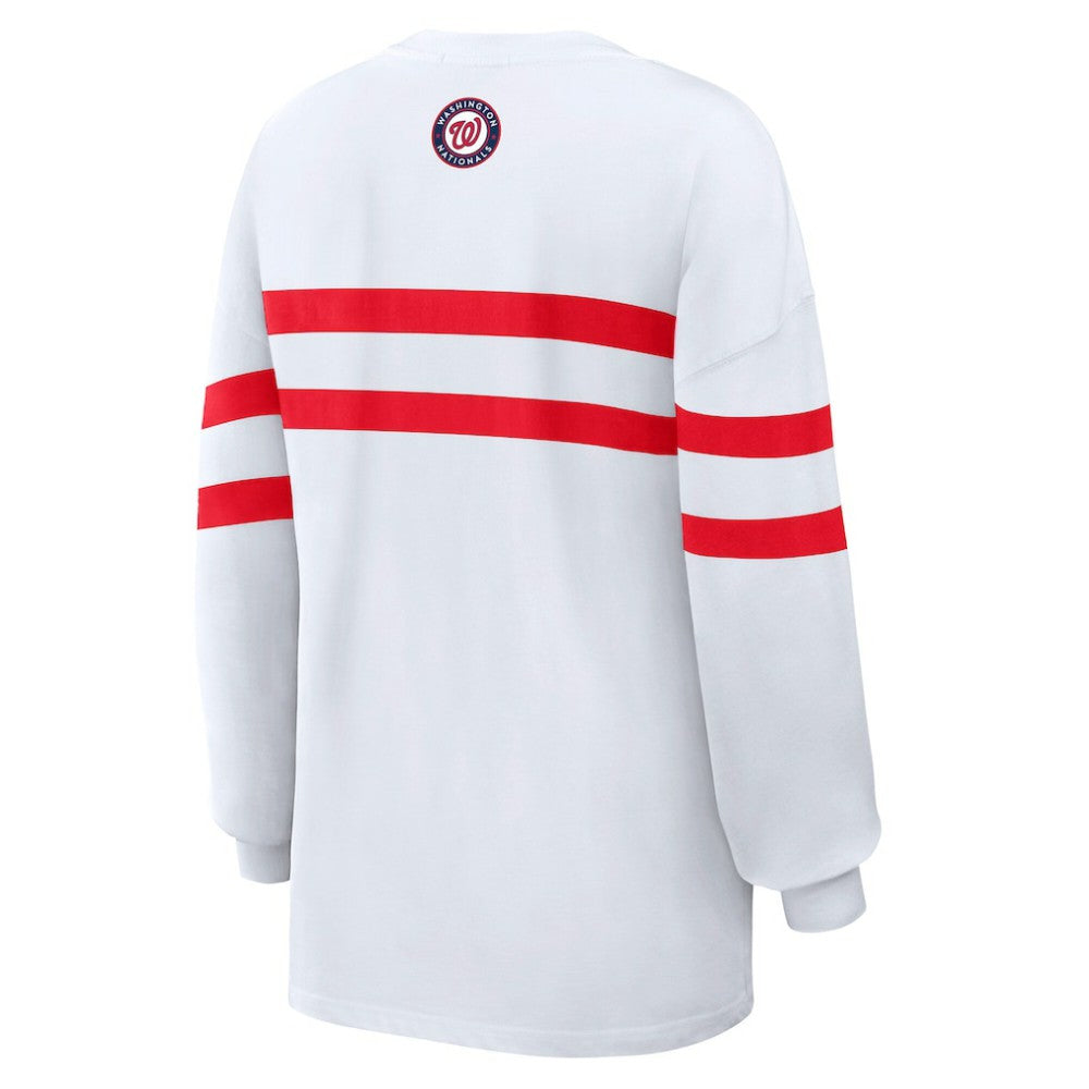 Washington Nationals WEAR by Erin Andrews Women's Oversized Long Sleeve Striped T-Shirt - White T-shirts